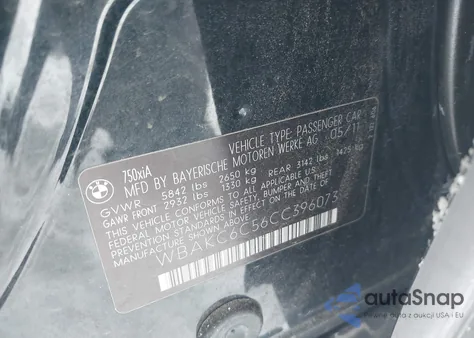 2012 BMW 750I xDrive from USA, damaged, VIN WBAKC6C56CC396073